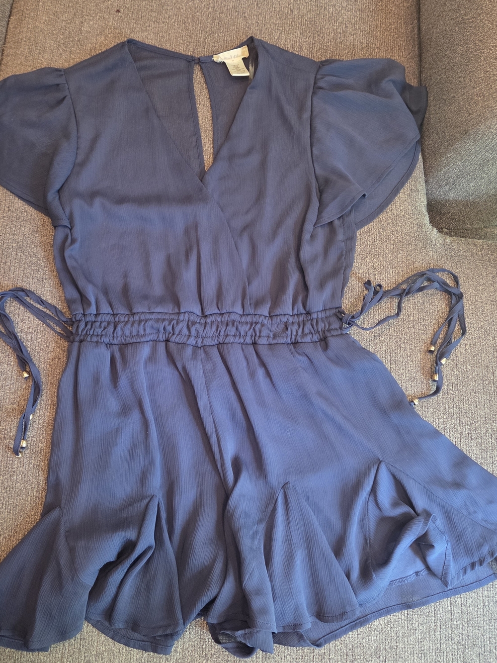 Navy Blue Chiffon Flutter Sleeve Romper with Tie Waist